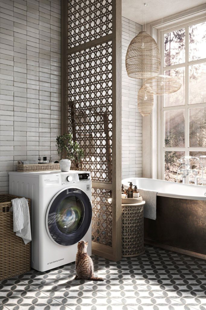 3D Interior Visualization of a trendy Bathroom with Washing Machine