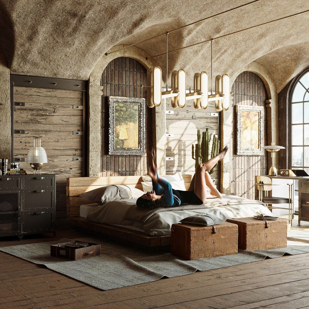 3D Interior Visualization of Rustic Bedroom with High-Quality Furniture Rendering