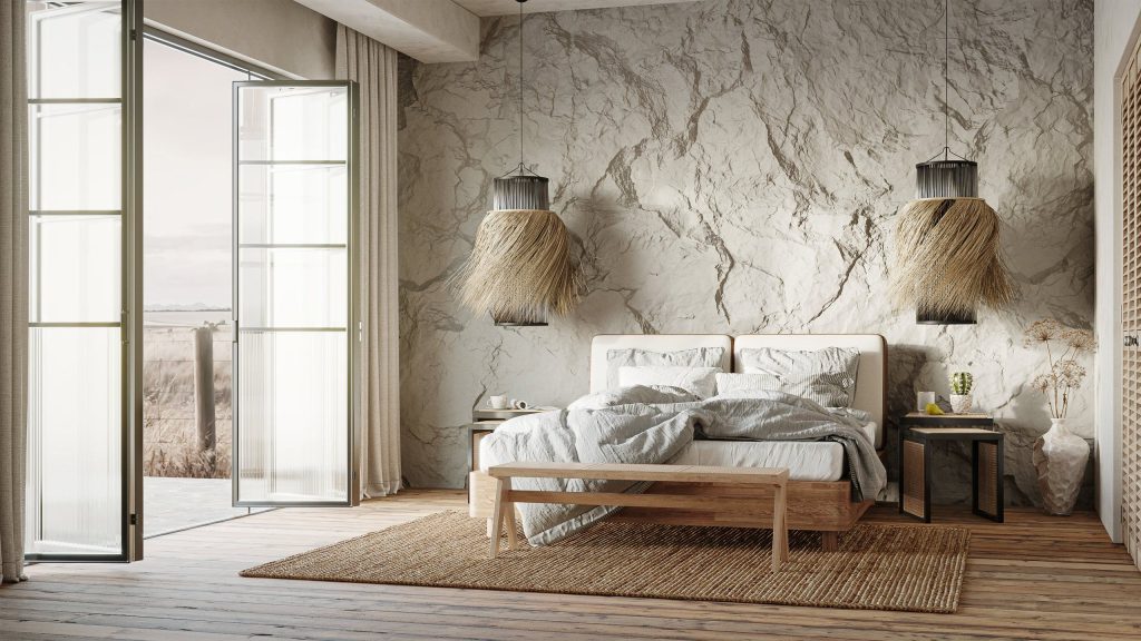 3D Interior Visualization of a Modern Bedroom with Realistic Furniture Rendering