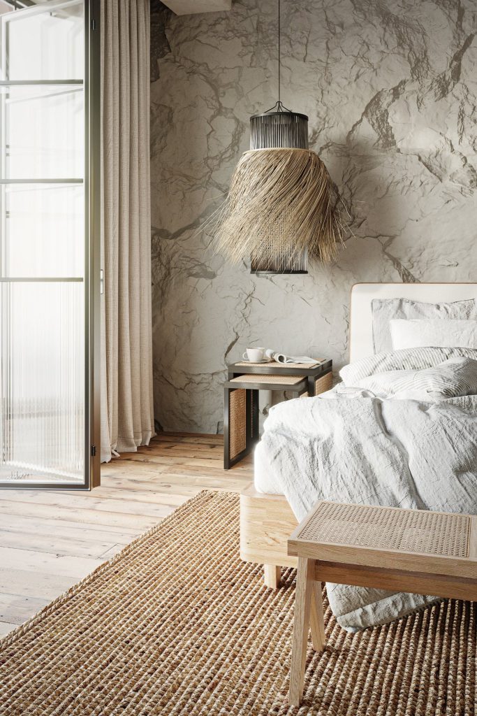 3D Interior Visualization of trendy Bedroom with Realistic fittings Rendering
