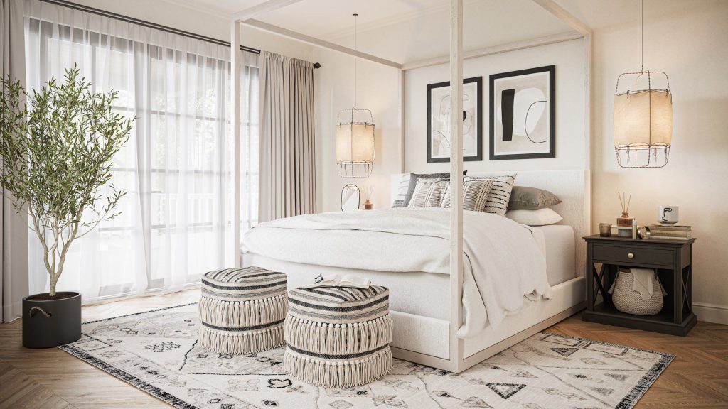 3D Interior Visualization of a trendy Bedroom with Custom fittings