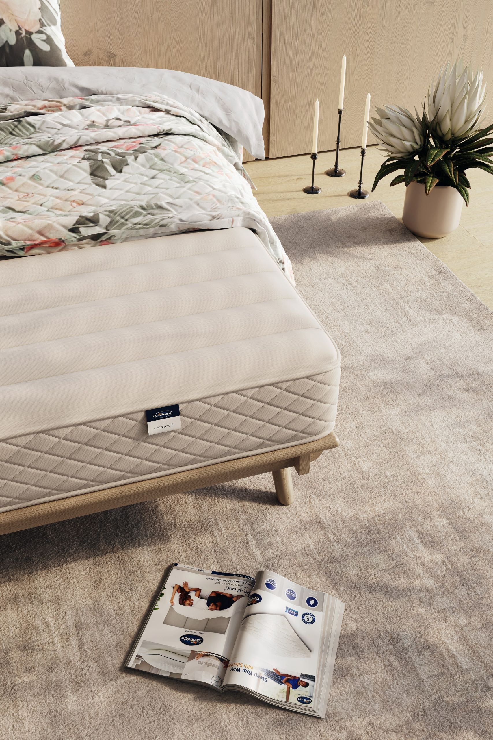 3D Rendering of Mattress on Wooden Bed with Decor and Magazine