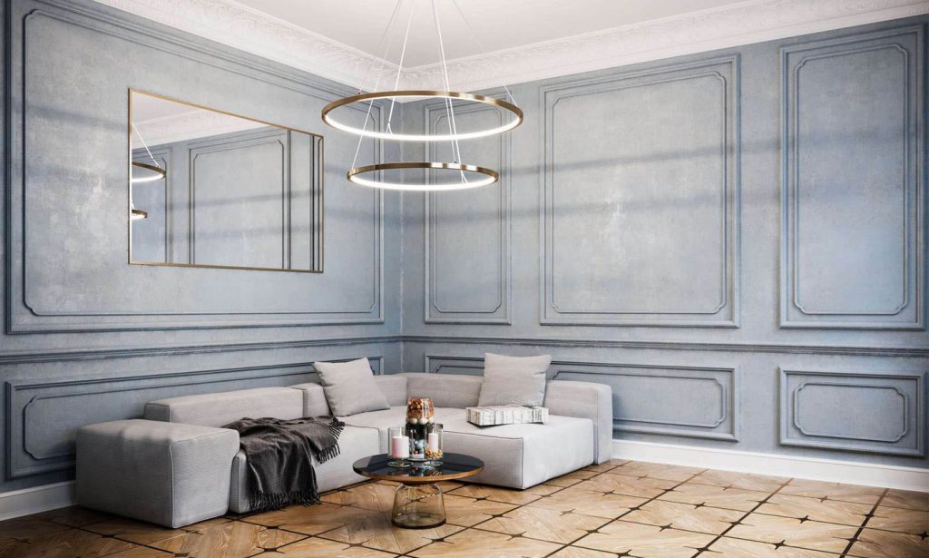 3D Rendering for a lifestyle with a sofa, coffee table, and a modern chandelier