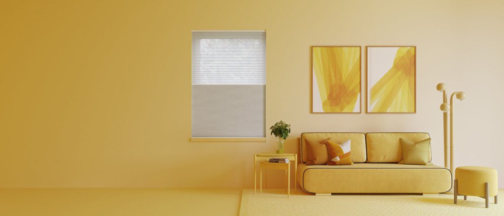 3D Interior Visualization of trendy Living Room with Yellow fittings