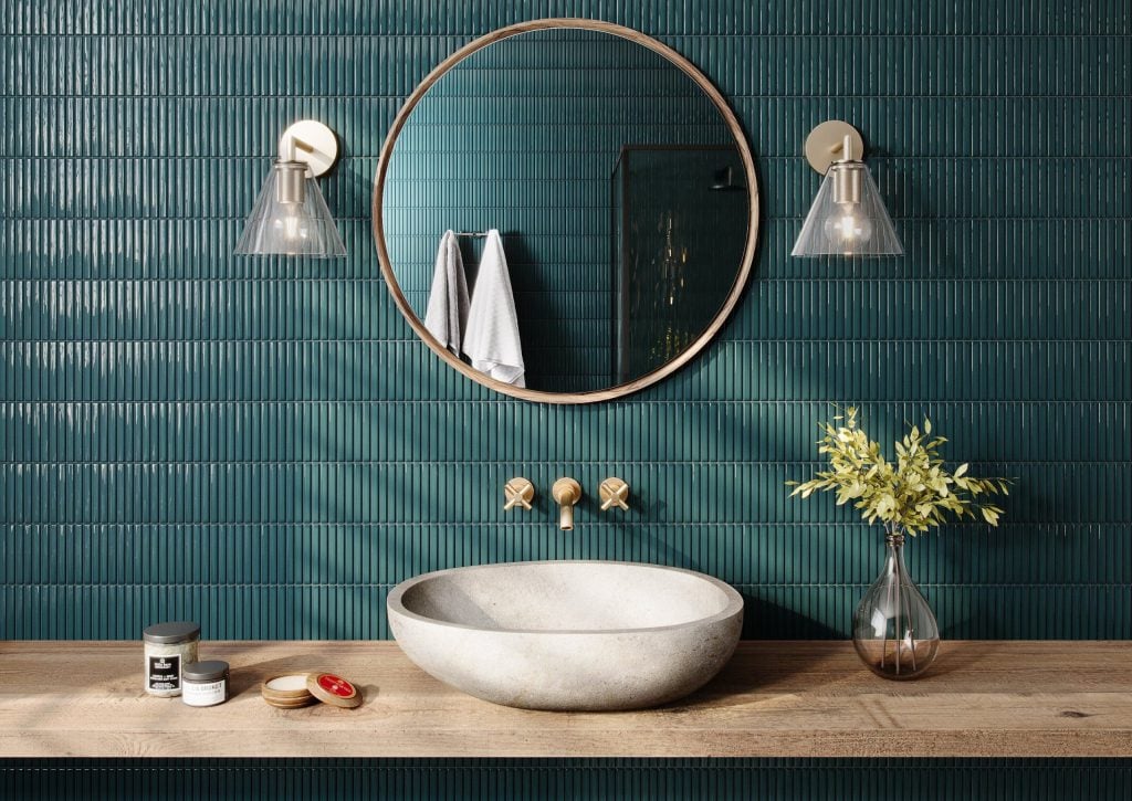 3D Interior Visualization of trendy Bathroom with Realistic fittings Rendering