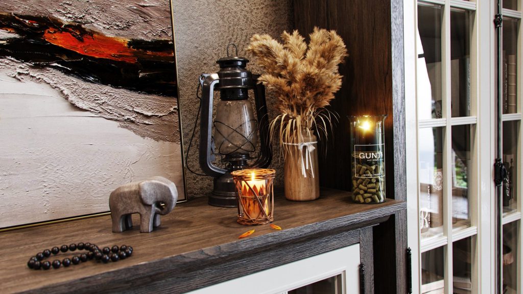 3D Interior Visualization of Rustic Shelf Decor