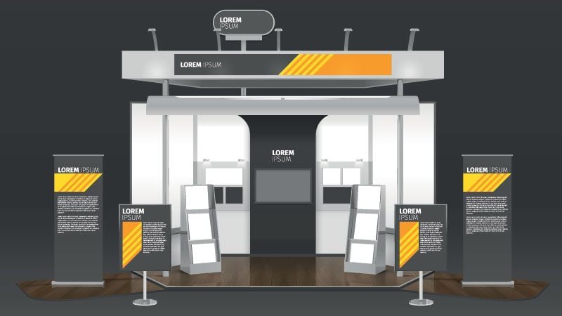 A Mockup of an Exhibition Stand Packed with Collateral Items of a Brand