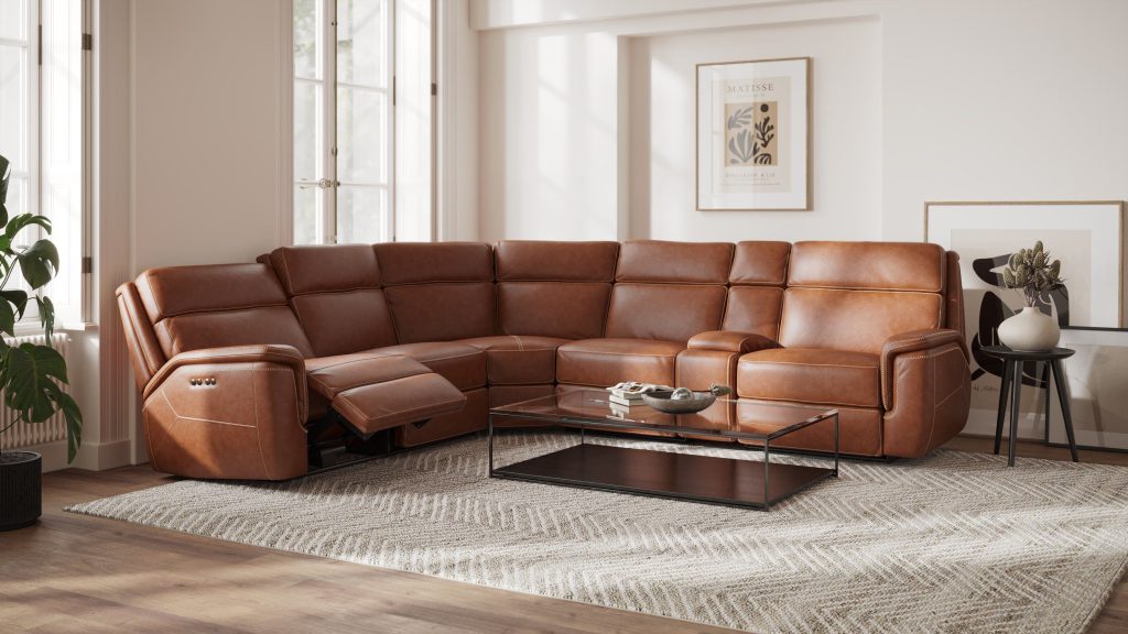 3D fittings Rendering of a Modern Leather Sofa in a Stylish Living Room