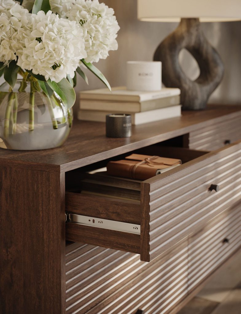 Photorealistic 3D Furniture Rendering – Wooden Dresser with Decor