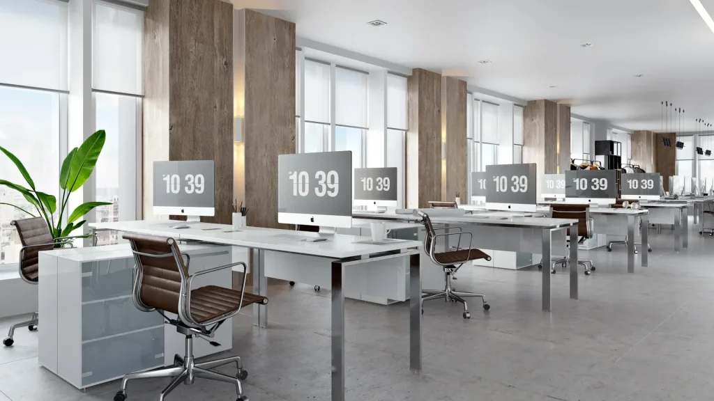 Interior of a 3D rendering studio with desktops and computers