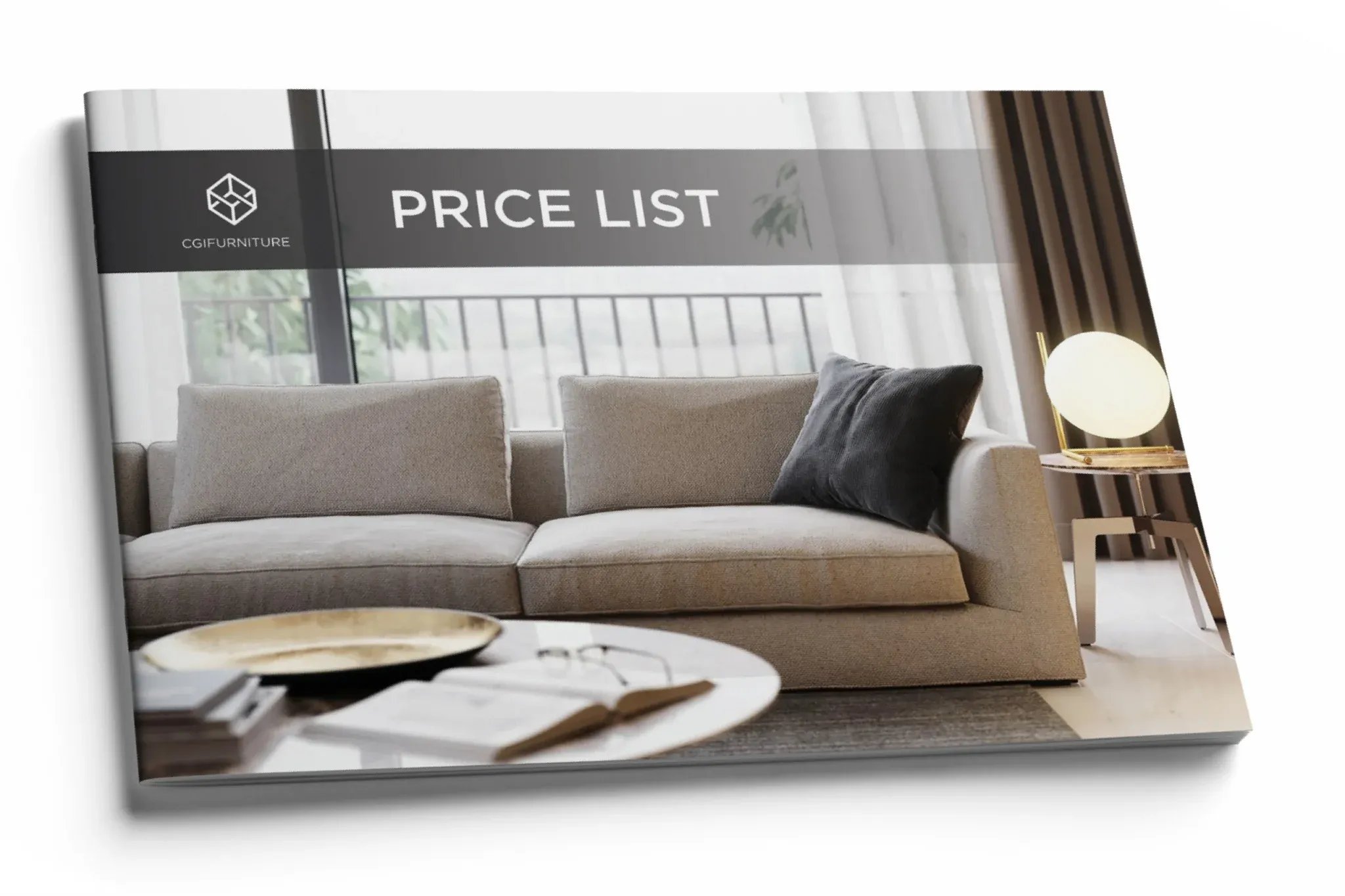 Furniture catalog cover with a sofa 3D rendering