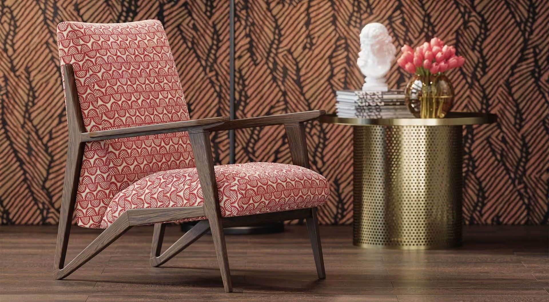 3D Visualization for a red armchair in a scene with a golden round table and decor