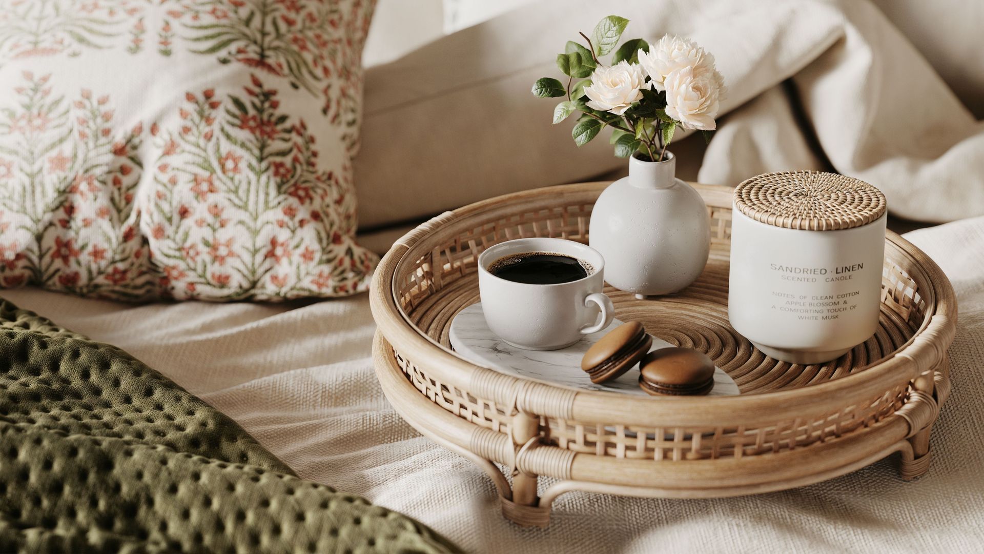 3D Visualization for a Tray with Coffee and Macaron on a Bed