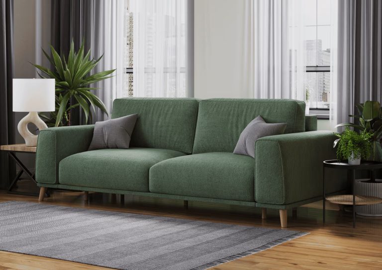 3D Visualization for a green sofa in a living room setting