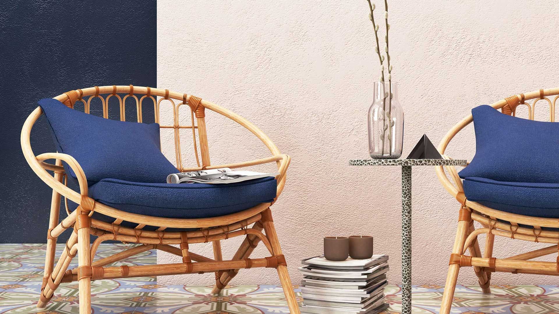 Rattan, woven fabric and plaster: each surface is textured to read true up close.