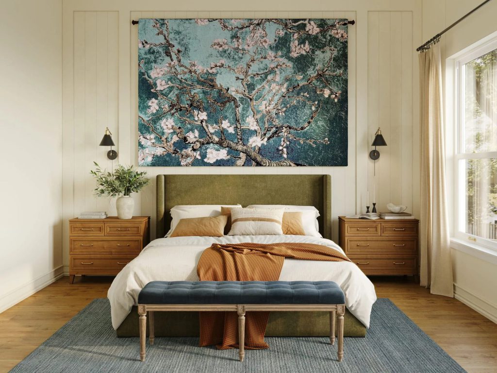 Furniture visualization of a bedroom with olive green velvet bed, wood nightstands, and almond blossom tapestry