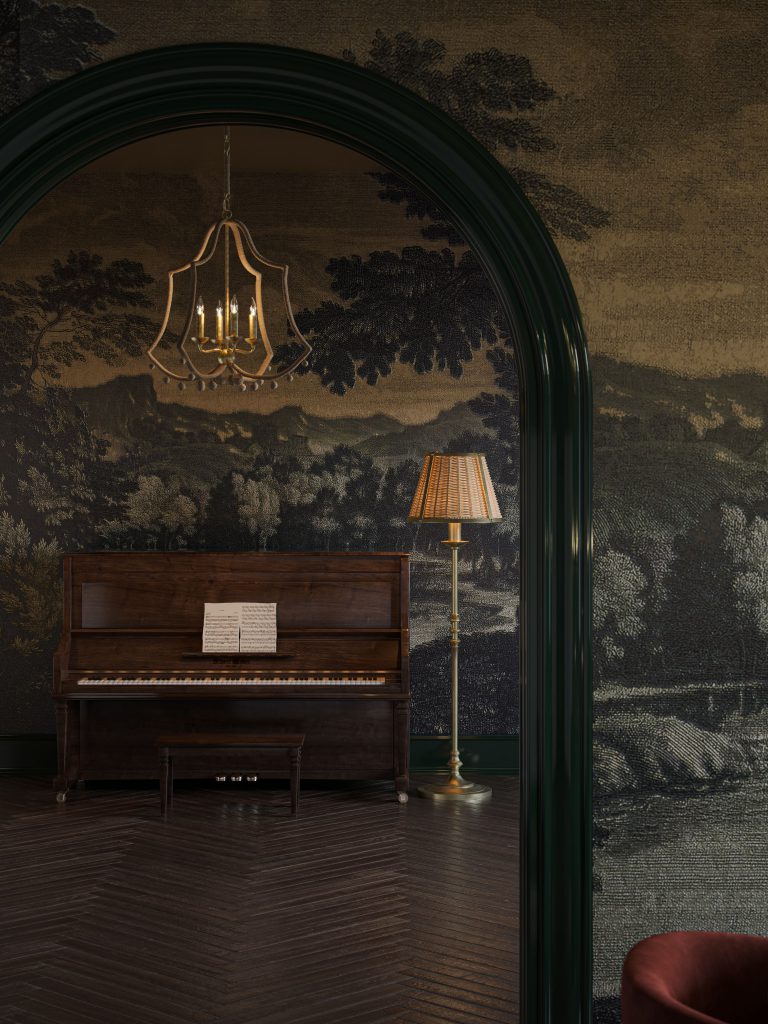 3D Rendering of a Chandelier and Floor Lamp in a Hallway with Piano