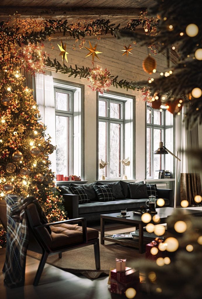 3D Interior Visualization of a Festive Living Room with Christmas Decor