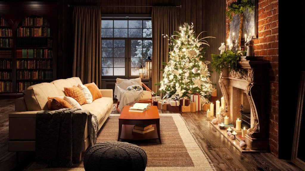 3D Interior Visualization of Cozy Living Room with Christmas Decor