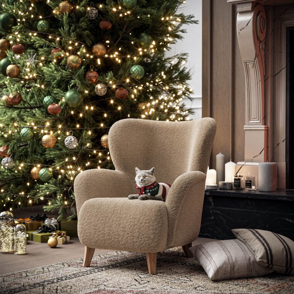 3D Furniture Rendering with Holiday Decor – High-Quality Visualization