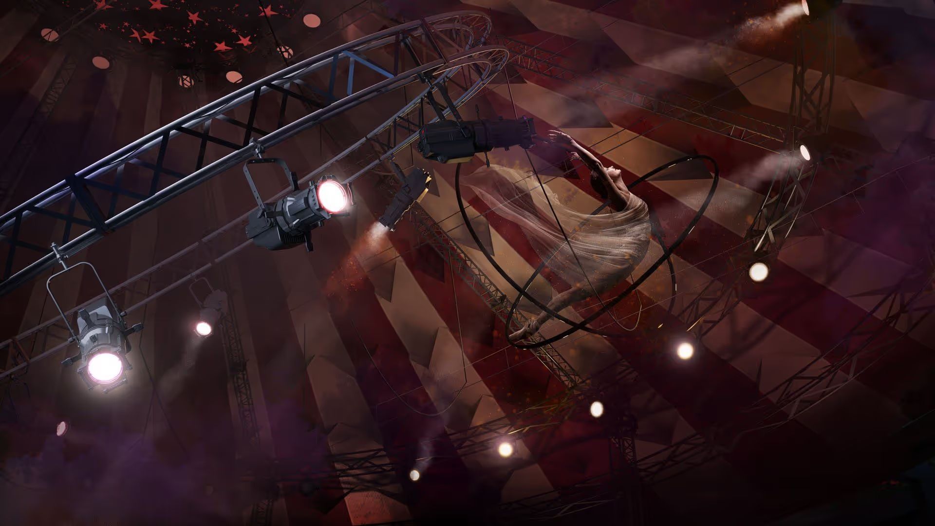 Suspended stage lighting rig with spotlights and aerial performer in a dramatic indoor scene shown in product rendering