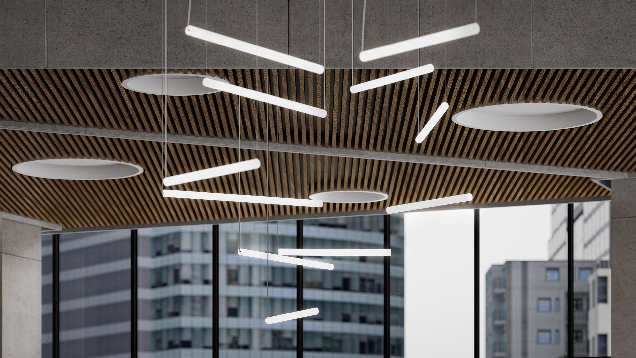 Product 3D visualization showing suspended lighting fixtures on a slatted ceiling in a modern lobby