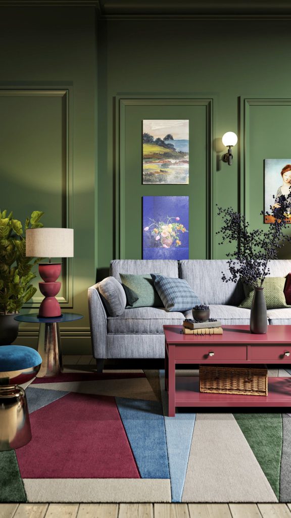 3D Interior Visualization of trendy Living Room with fittings Rendering