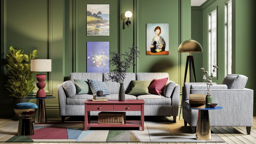 3D Interior Visualization of trendy Living Room with fittings
