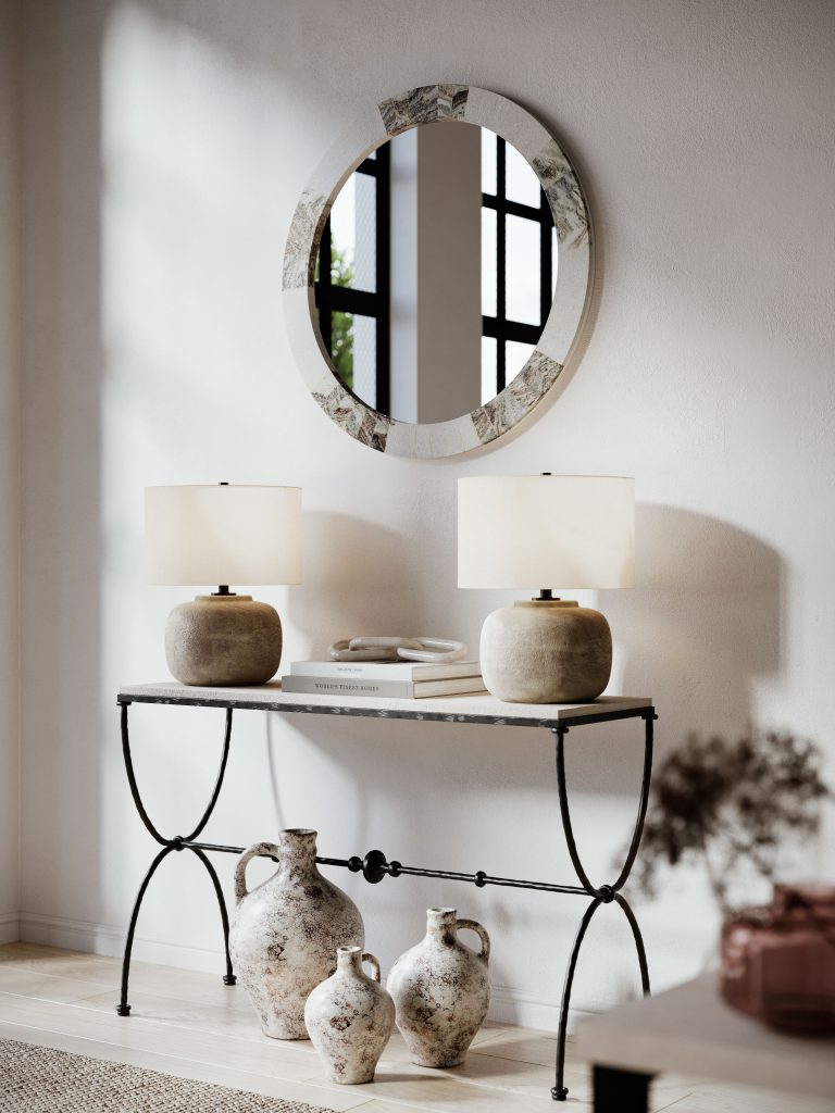 3D Rendering of a Console Table, Lamps, Mirror, and Decor Vignette