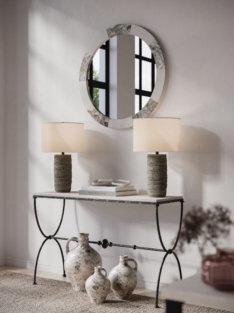 CGI of a Console Table, Table Lamps, Mirror, and Vases Vignette