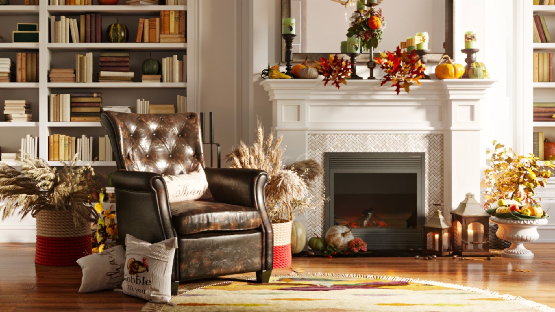 An elegant living space with autumn decor, demonstrating how seasonal themes can be integrated into product marketing for home furnishings.