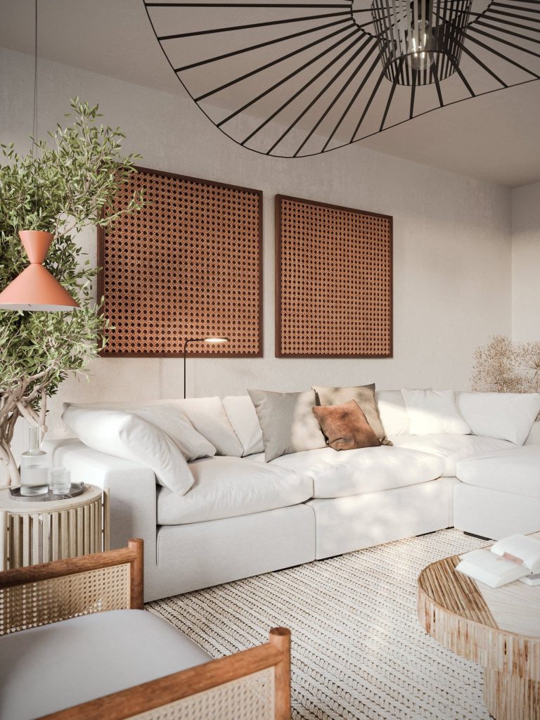 3D Interior Visualization of trendy Living Room with Custom fittings