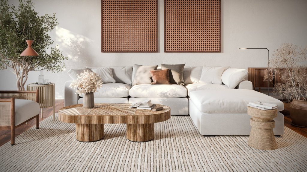3D Interior Visualization of Modern Living Room with Furniture Rendering