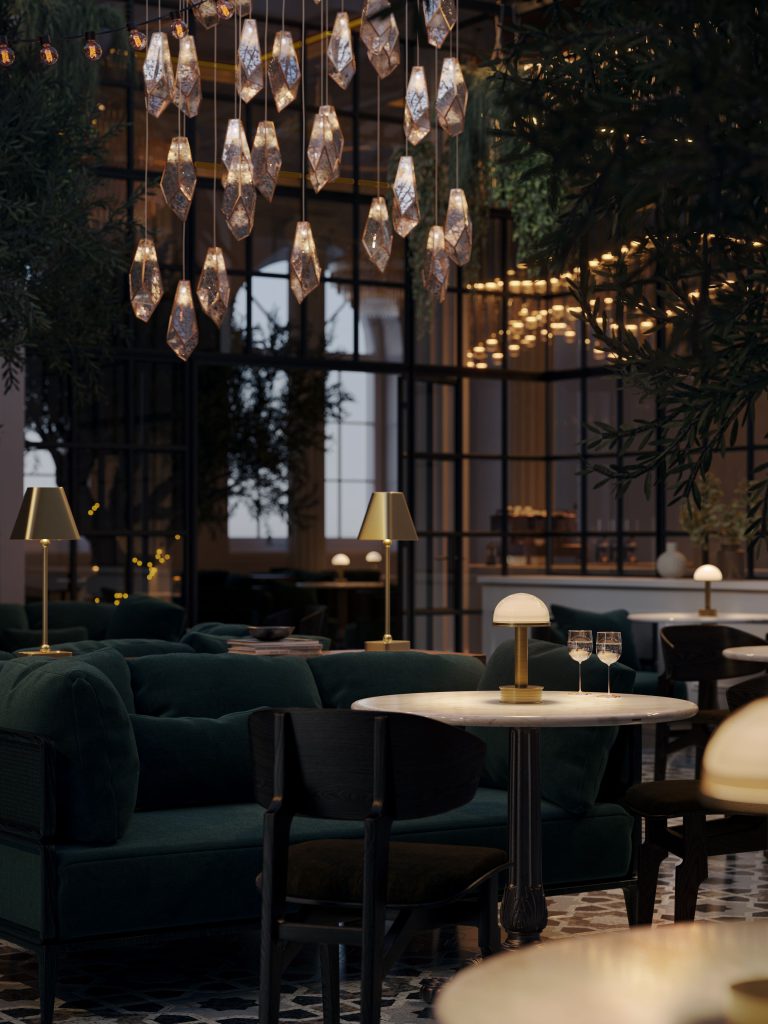 3D Rendering of a Crystal Pendant Cluster in a Hotel Lounge