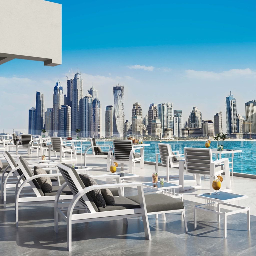 3D Furniture Rendering of Outdoor Lounge with Cityscape