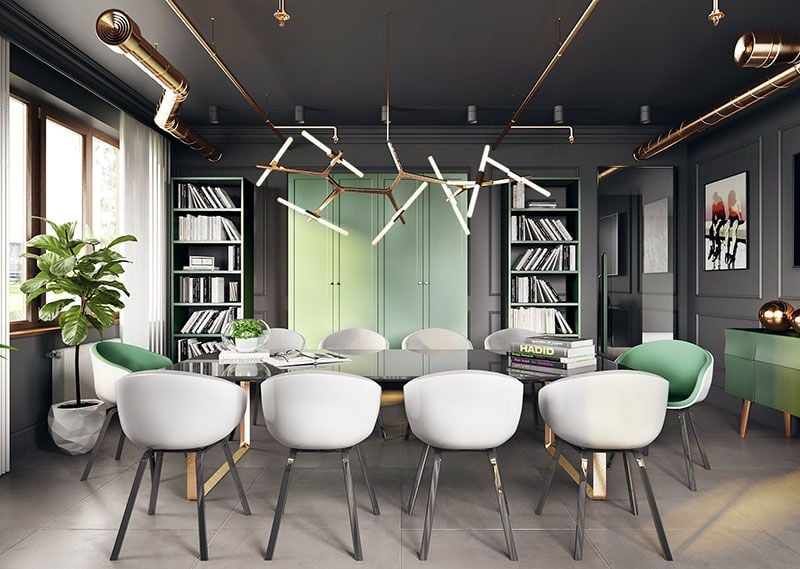 CG image of a dining area in gray-green tones.