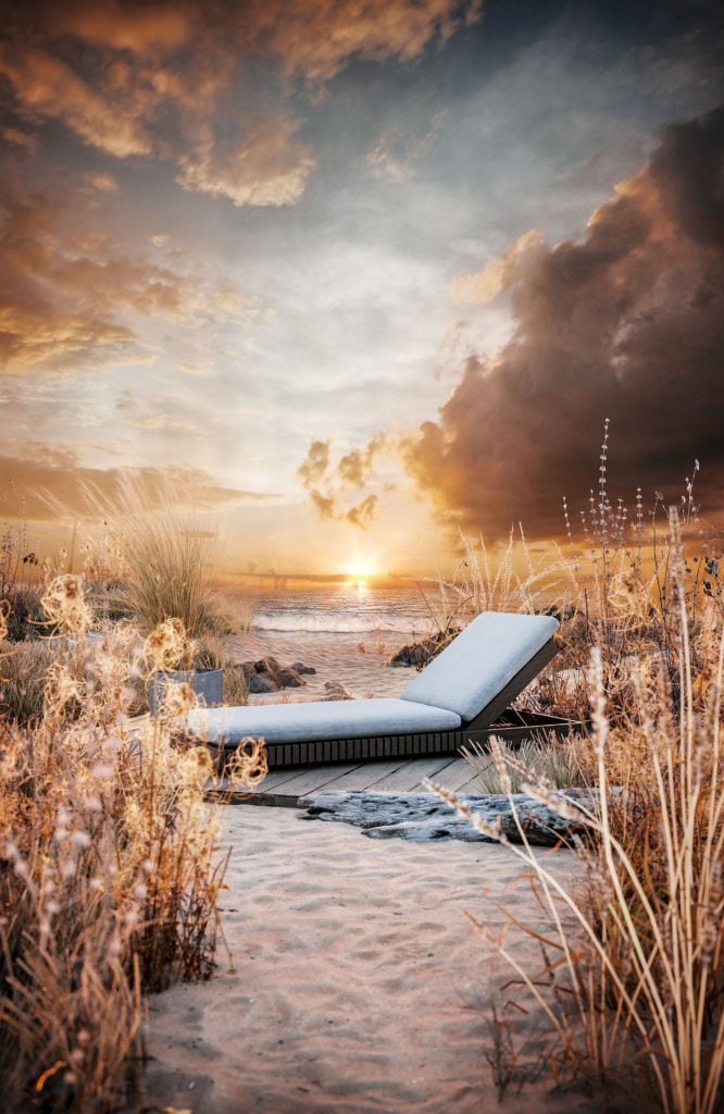 3D Furniture Rendering of Outdoor Lounge Chair at Sunset