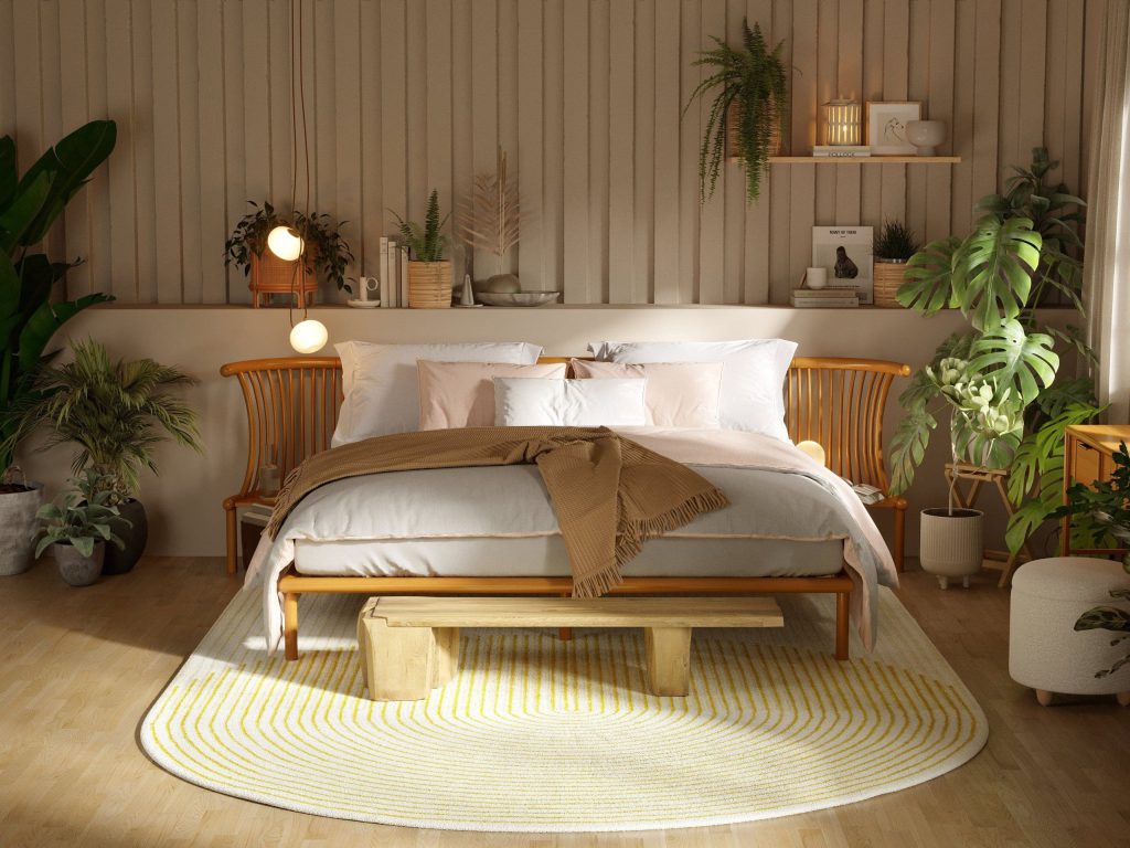 3D Interior Visualization of a trendy Bedroom with fittings Rendering