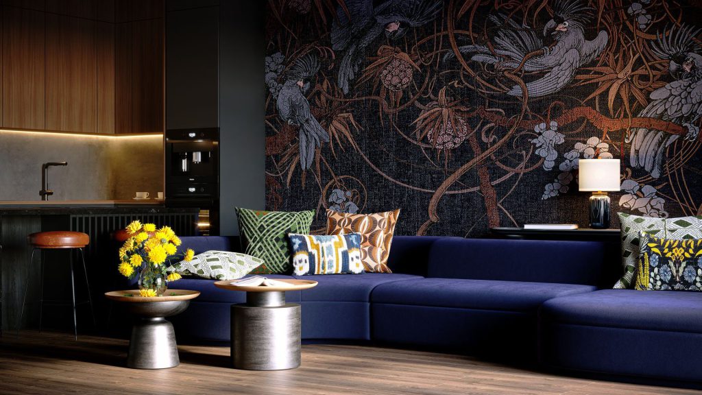 3D Interior Visualization of Modern Living Room with Custom Furniture