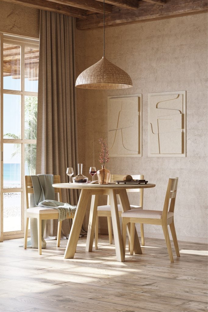 3D Interior Visualization of Dining Room with Wooden Furniture