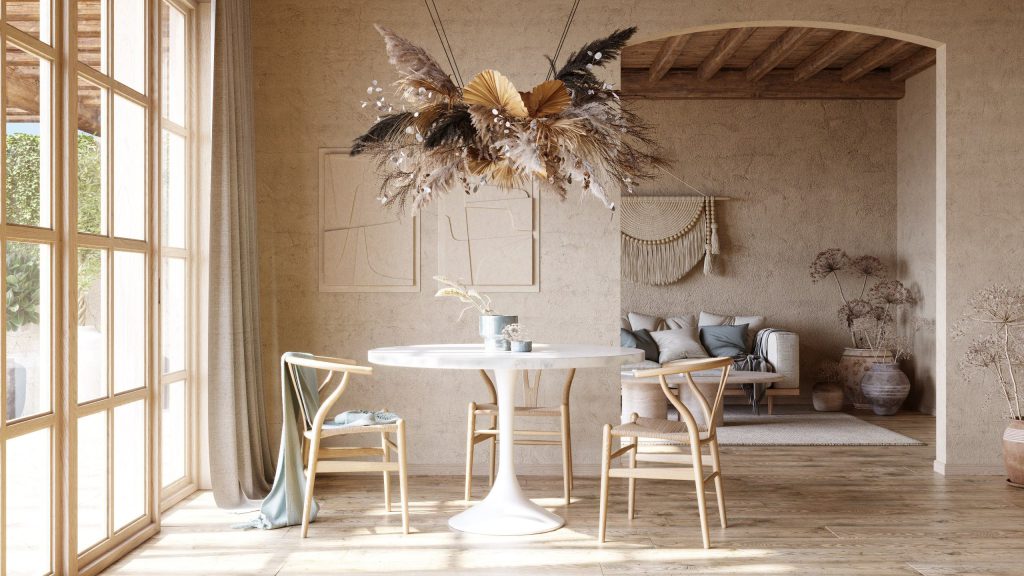 3D Interior Visualization of Modern Dining Room with Realistic Furniture Rendering