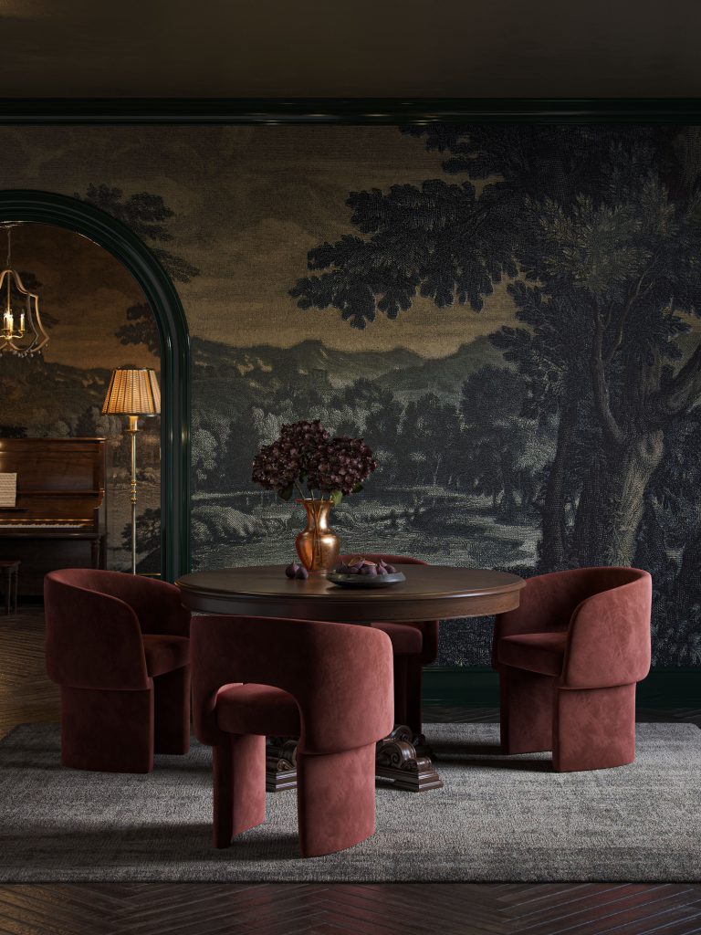 3D Rendering of a Dining Table, Velvet Chairs, and Decor in a Moody Dining Room