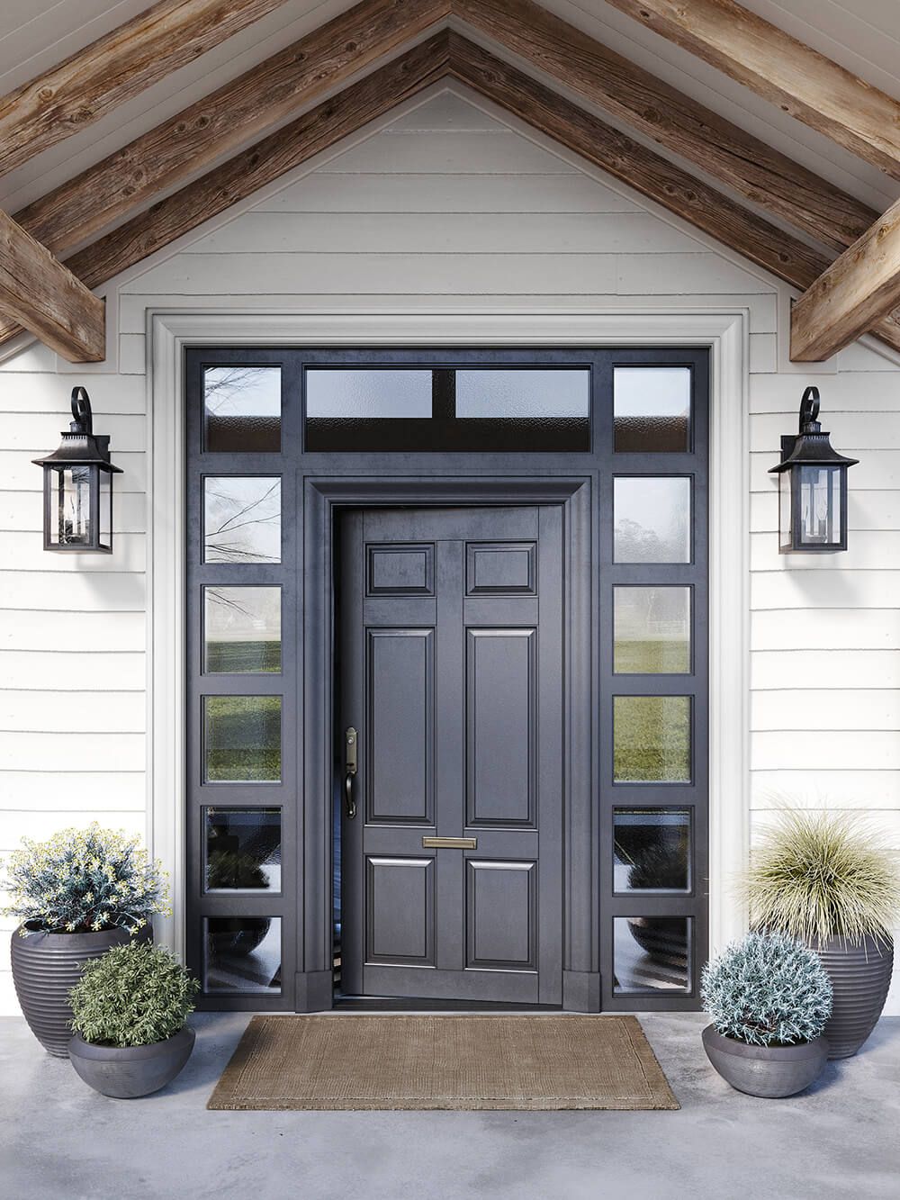 Lap Siding and Timber Gable at the Entrance 3D rendering of a house entrance with white lap siding, a timber gable and a grey concrete porch