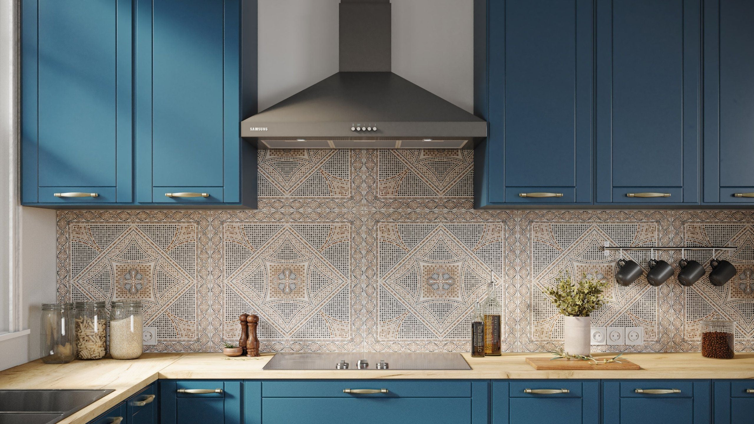 Kitchen render with a patterned tile backsplash above blue cabinetry