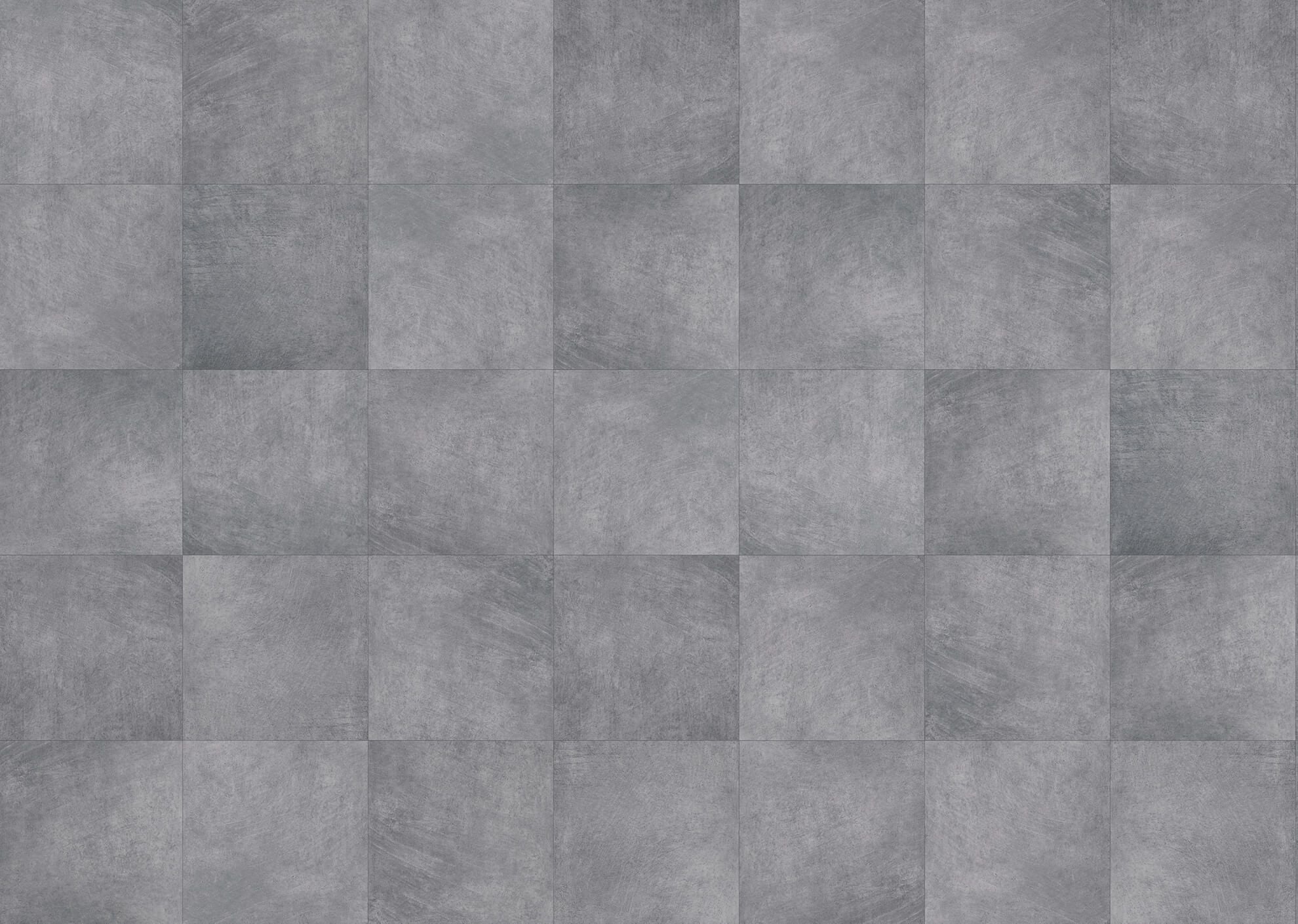 3D visualization of grey ceramic tile flooring with subtle textured surface in square layout