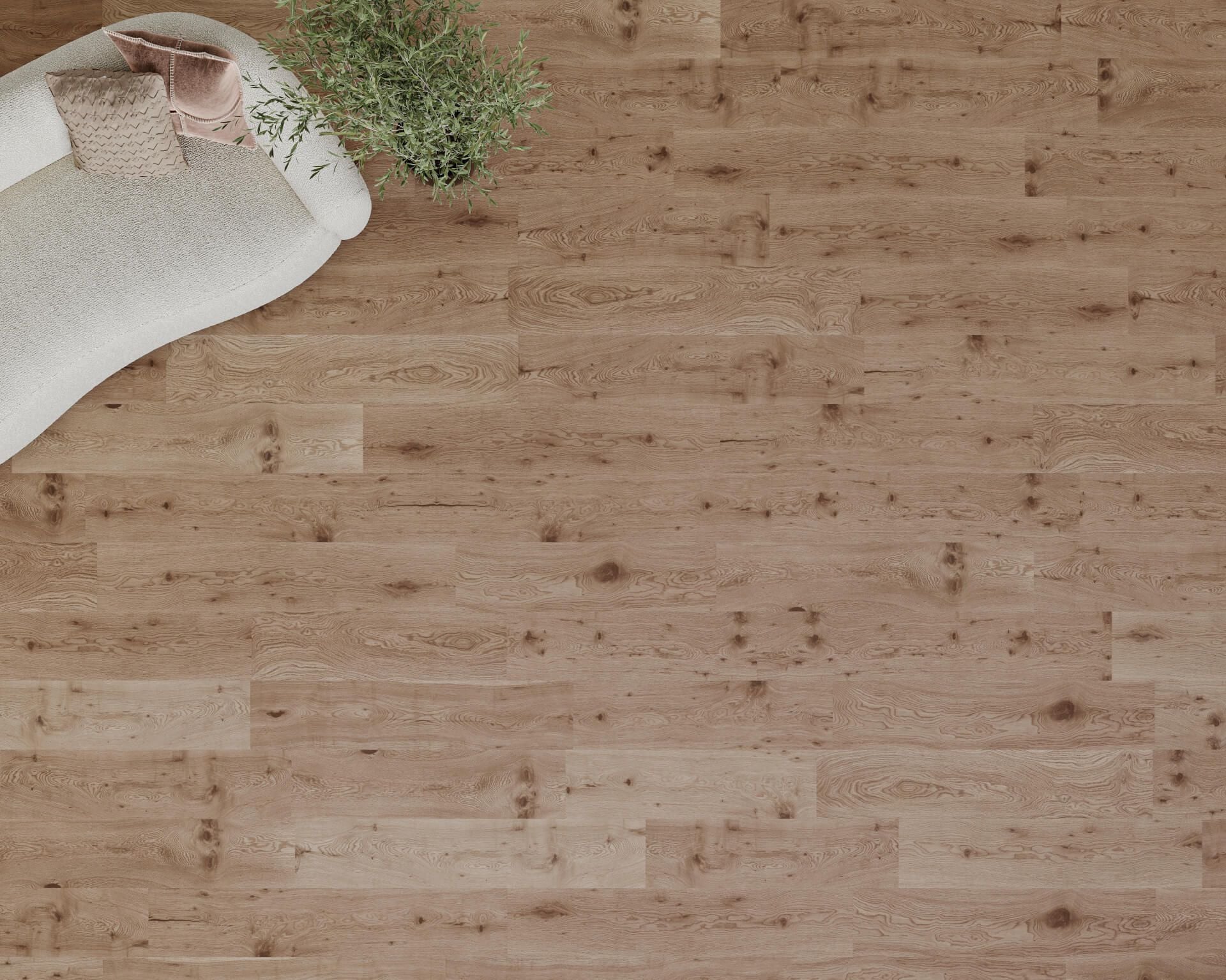 3D visualization of light brown wooden flooring with sofa, pillow and indoor plant in top view