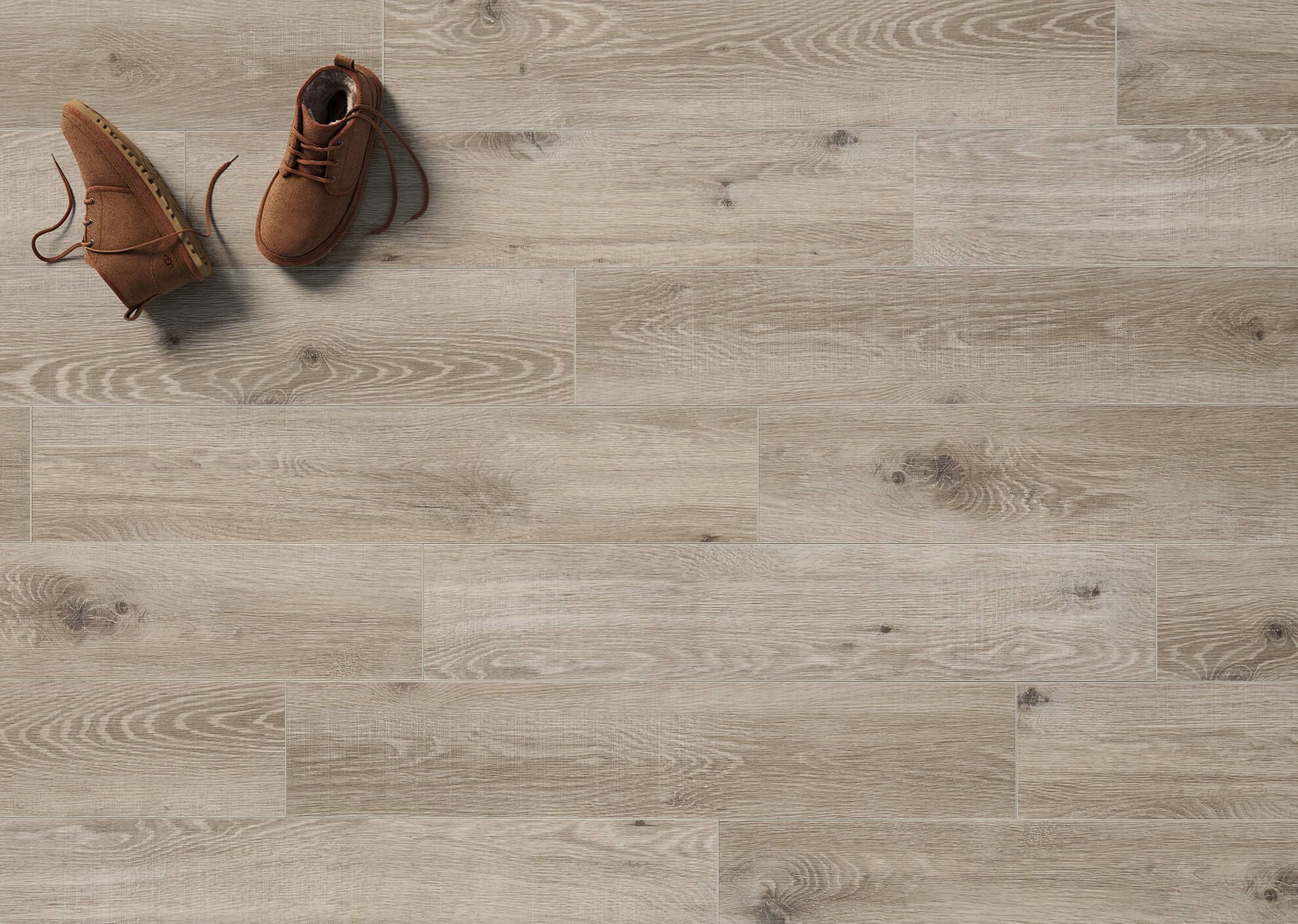 3D visualization of beige wooden flooring with visible shoe pair placed on surface in top view