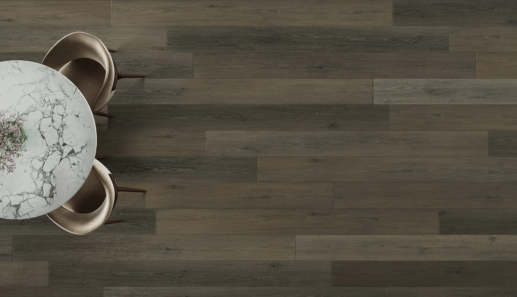 3D visualization of dark brown wooden flooring with marble dining table and chairs in top view