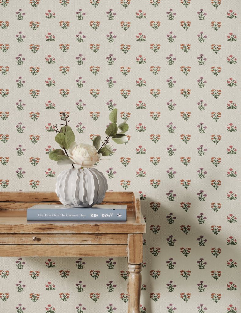 3D fittings Rendering with Floral Wallpaper and Wooden Table