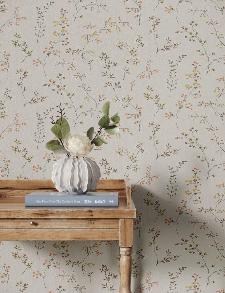 3D fittings Rendering with Floral Wallpaper and Wooden Table